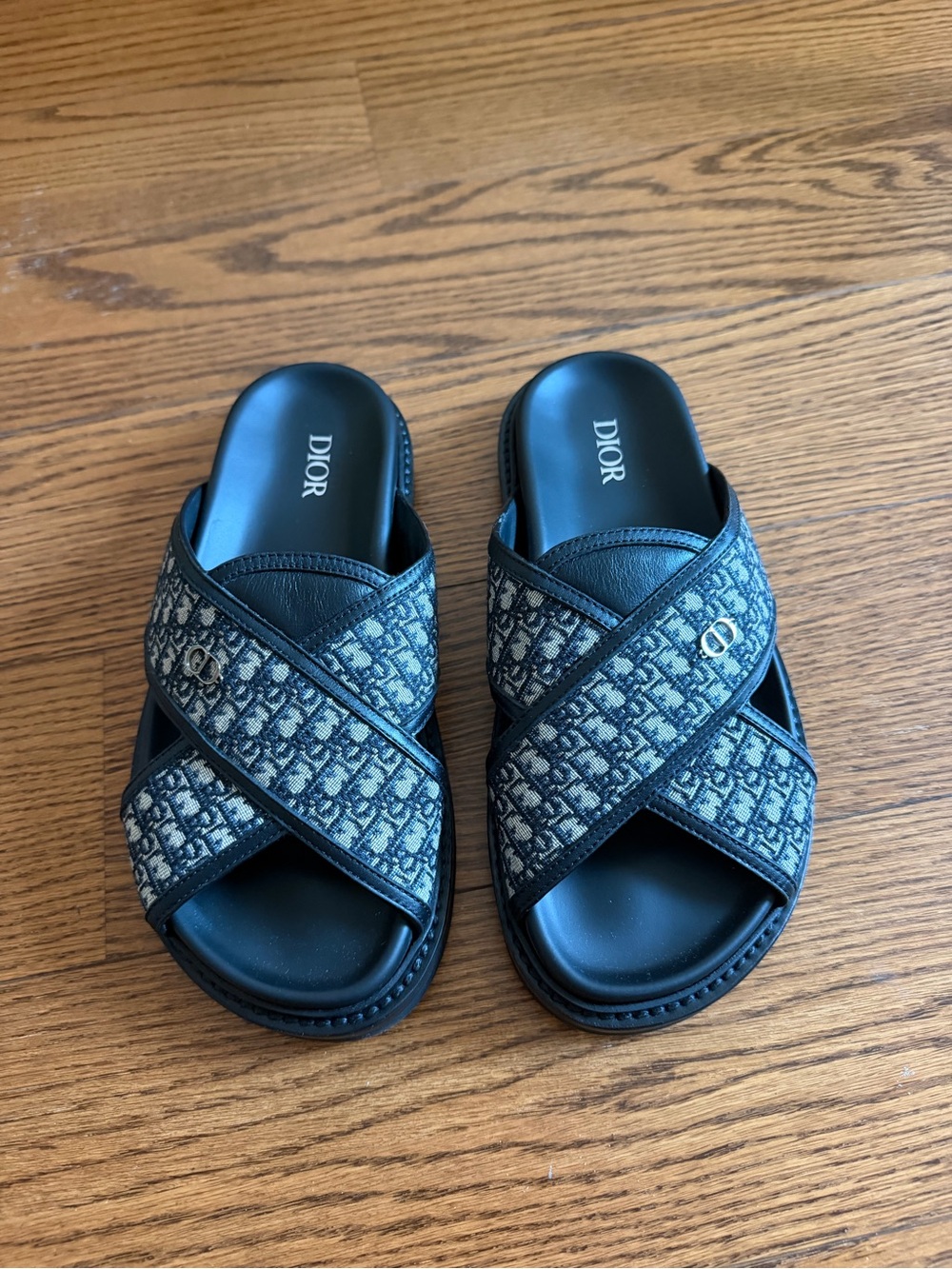 Dior Women Blue Oblique Cross-Strap Slide Mules
